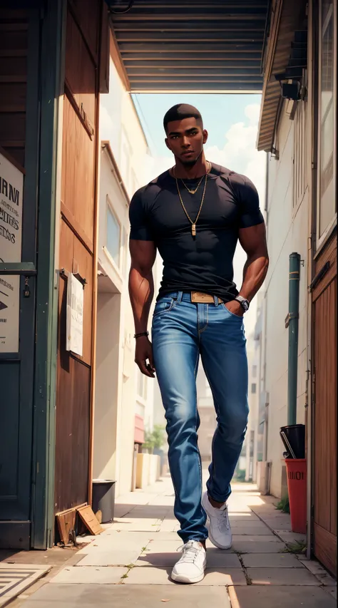 (best quality:1.1),original, 1man,  A handsome man with dark skin, African American man with natural hair, short hair, buzzcut, ebony nose, broad shoulders, tall, masculine, baggy urban clothes and demin jeans, cartoon，anime illustrations, style is abstrac...