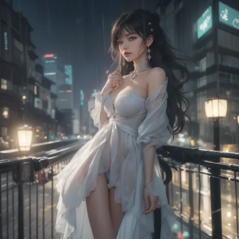 Mix 4, (8k, original photo, best quality, masterpiece: 1.45), (actual, photoactual: 1.37), one girl, Lovely, city View, night, rain, wet, professional lighting, photon mapping, Radiosity, Physically based rendering, gradient black hair, white hair, short c...