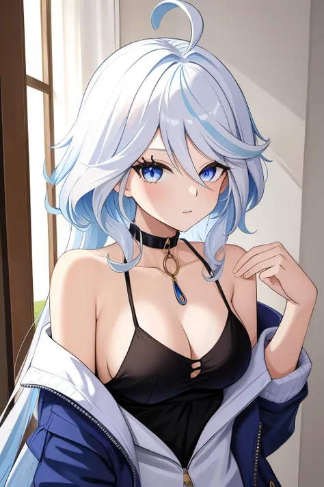 furina,1girl,solo,long hair,ahoge,blue eyes,white hair,blue hair,bangs, off shoulder, collar bone, cleavage, look at viewer, per...