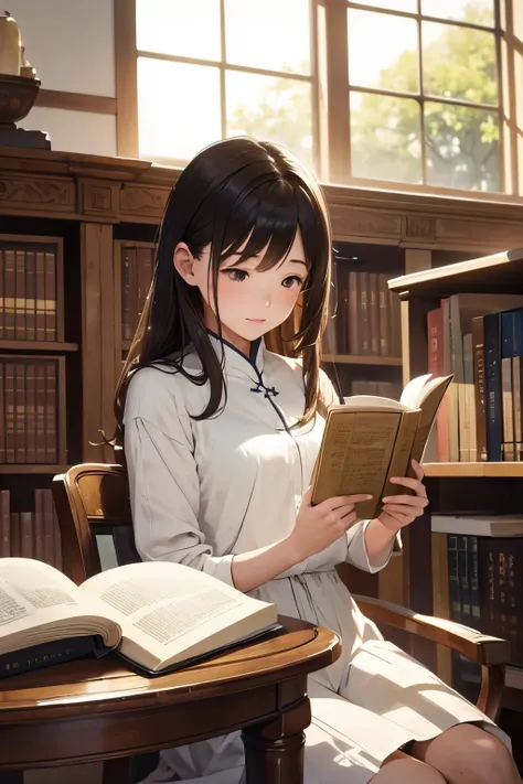 masterpiece, top quality, 8K UHD,
a girl, reading, library, summer, natural lighting,
every page turned illuminated by the golden rays filtering through the tall, arched library windows,
delicate features accentuated by the soft light,
books spread across ...