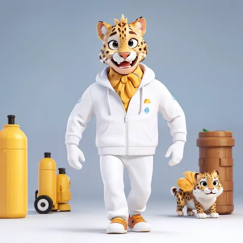 "In a clean white setting, destaque-se na simplicidade encantadora de Leo, the gas-delivering leopard in authentic Pixar style. Leo, with your happy, half-human appearance, walks on two legs in a unique way, irradiando charme e simpatia. Wearing a gas deli...