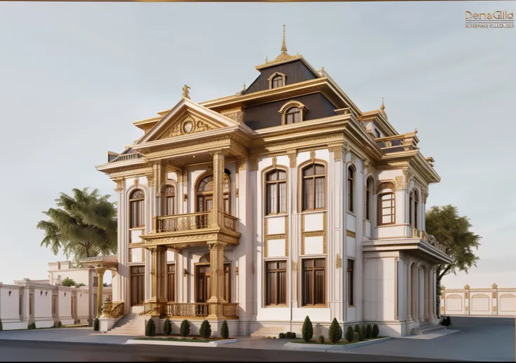 masterpiece,best quality, 8k uhd, a close up of a drawing of a house with moudin gilded, highly detailed architecture, highly detailed - n 4, hihgly detailed, frontview, inter dimensional villa, an extremely detailed building, 3d highly detailed, 3 d highl...