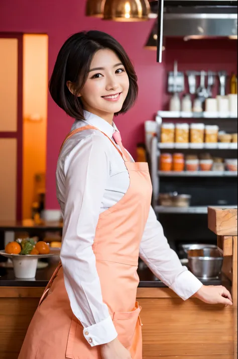 "High quality, masterpiece, 4K, 8K, female, happy, smiling, looking back, short black hair, black eyes, long sleeves, pants, apron, in her 20s or 30s, Japanese, white background, pink background, orange background, inside a cafe, in the afternoon, as a wai...