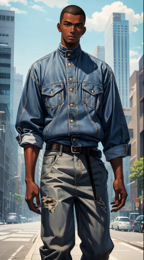 (best quality:1.1),original, 1man,  A handsome man with dark skin, African American man with natural hair, short hair, buzzcut, ebony nose, broad shoulders, tall, masculine, baggy urban clothes and demin jeans, cartoon，anime illustrations, style is abstrac...