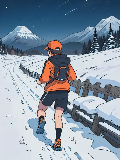 (masterpiece，best quality)，1 boy，mountain climbing，running，Back，winter，穿着mountain climbing装备，jaqueta laranja，Wear a hat，背mountain climbing包，穿snow靴，拿mountain climbing杖，snow，running，without showing face