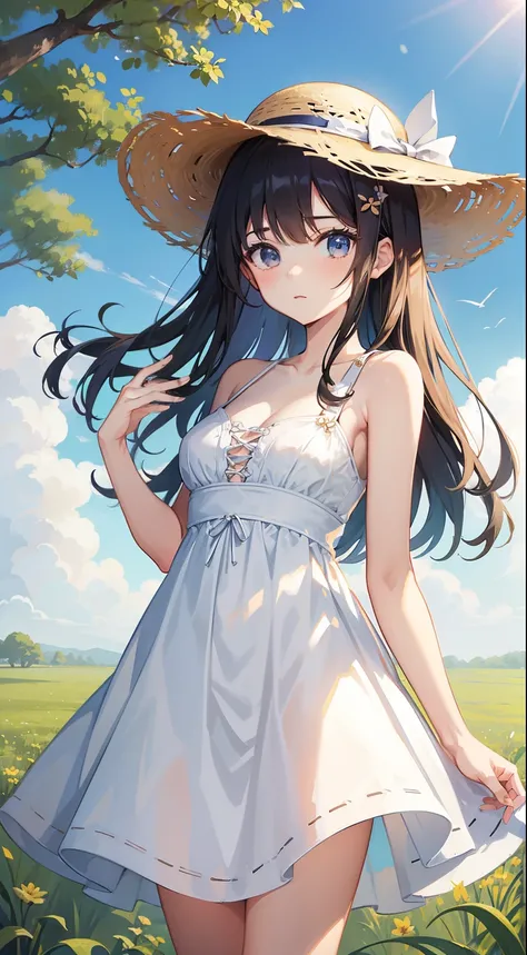 Beautiful girl in a white dress、17 years old、cleavage、bare shoulders、straw hat、summer、field road