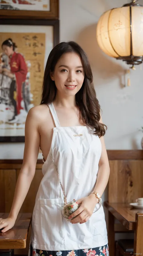 （super fine，fidelity：1.37），portrait，chinese restaurant owner，dark hair，brown eyes，delicate lips，tie an apron，confident smile，wel...