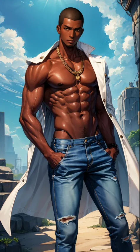 (best quality:1.1),original, 1man,  A handsome man with dark skin, African American man with natural hair, short hair, buzzcut, ebony nose, broad shoulders, tall, masculine, baggy urban clothes and demin jeans, cartoon，anime illustrations, style is abstrac...