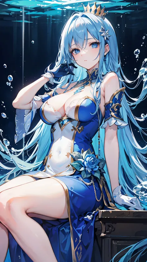 (Close-up view, charming woman), ((Flowing hair, blue hair, blue eyes)), ((Long blue dress with high neck, transparent gloves, glass crown)), ((Background inside the underwater palace, sitting on a blue chair underwater))((underwater)),highly detailed CG, ...