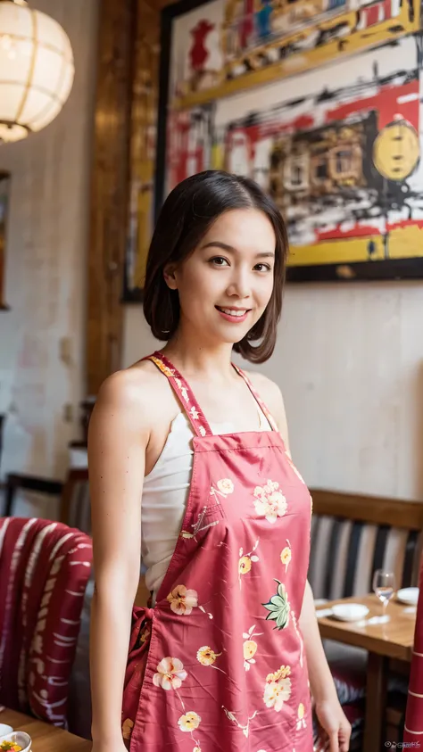 （Super fine，fidelity：1.37），portrait，Chinese restaurant owner，black hair，brown eyes，delicate lips，Put on an apron，confident smile，Neat appearance，Chinese traditional spring clothing，floral pattern，Standing in a brightly lit restaurant，antique wooden furnitu...