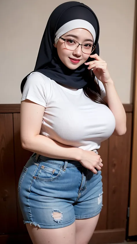 wanita berhijab syariah, wearing t-shirt, sneakers, chubby cheeks, chubby arm, chubby, glasses, big breast, chubby tight, wearing a hijab, bbw, bbc, cute girl, mature and plump, plump woman, clean and smooth pics, all star, high quality, best quality, good...