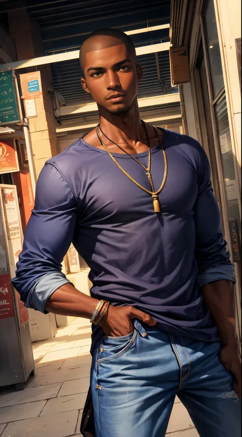 (best quality:1.1),original, 1man,  A handsome man with dark skin, African American man with natural hair, short hair, buzzcut, ebony nose, broad shoulders, tall, masculine, baggy urban clothes and demin jeans, cartoon，anime illustrations, style is abstrac...