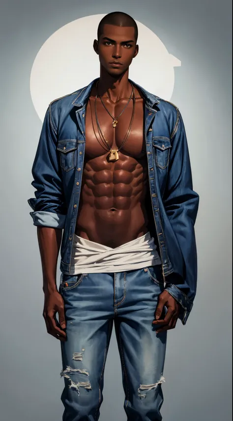 (best quality:1.1),original, 1man,  A handsome man with dark skin, African American man with natural hair, short hair, buzzcut, ebony nose, broad shoulders, tall, masculine, baggy urban clothes and demin jeans, cartoon，anime illustrations, style is abstrac...