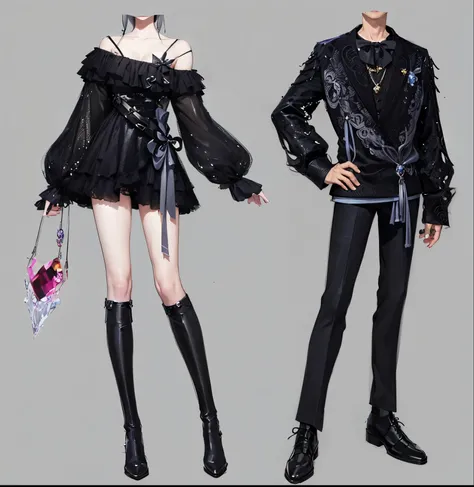 Anime style rendering of a woman in a black dress and a man in a black suit, Fashion Design, Very detailed and rich costumes, Moon themed clothing, fashion concept art, Astral Witch Clothes, fantasy costumes, Detailed clothes, full body xianxia, Fantasy st...