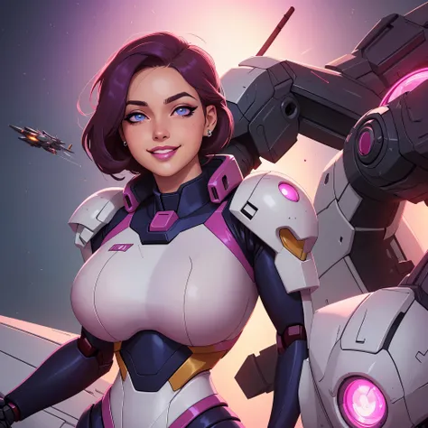 (a curvy woman,beautiful detailed eyes,beautiful detailed lips,extremely detailed eyes and face,longeyelashes,piercing eyes,seductive smile),Gundam pilot suit,sexy giant robot,illustration,ultra-detailed,best quality,HD,studio lighting,professional,vivid c...