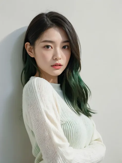 ((White long-sleeved top))、(背景にwhite wall、Part of her hair is emerald green:1.4)、white wall、Taken in front of the white door、(窓のあるwhite wallの部屋)、((highest quality、8K、masterpiece:1.3))、ultra high resolution、(photorealistic:1.4)、raw photos、Japanese,(details ...