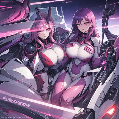 (a curvy woman,beautiful detailed eyes,beautiful detailed lips,extremely detailed eyes and face,longeyelashes,piercing eyes,seductive smile),Gundam pilot suit,sexy giant robot,illustration,ultra-detailed,best quality,HD,studio lighting,professional,vivid c...