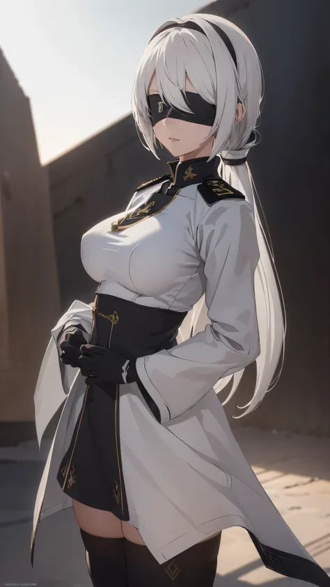 (extremely detailed CG unity 8k wallpaper), (masterpiece), (best quality), (ultra-detailed), (best illustration), (best shadow), (absurdres), 2b, 1girl, long hair, long ponytail, normal size boobs, white hair, blindfold solo, Intimidating women, admiral un...