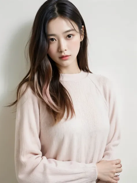 ((White long-sleeved top))、(背景にwhite wall、Part of her hair is pastel pink:1.4)、white wall、Taken in front of the white door、(窓のあるwhite wallの部屋)、((highest quality、8K、masterpiece:1.3))、ultra high resolution、(photorealistic:1.4)、raw photos、Japanese,(details fa...