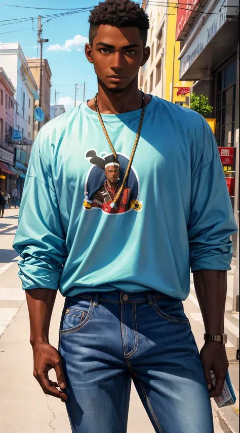 (best quality:1.1),original, 1man,  A handsome man with dark skin, African American man with natural hair, short hair, buzzcut, ebony nose, broad shoulders, tall, masculine, baggy urban clothes and demin jeans, cartoon，anime illustrations, style is abstrac...