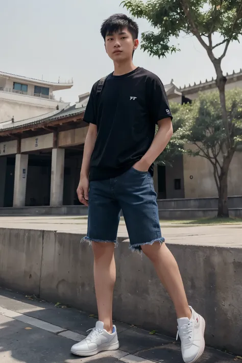 Chinese boys wearing long dark blue jeans outdoors，Wear black sports short sleeves above，Wear white shoes