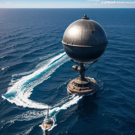 huge giant iron sphere in the ocean, blue sky, ultra high quality textures.