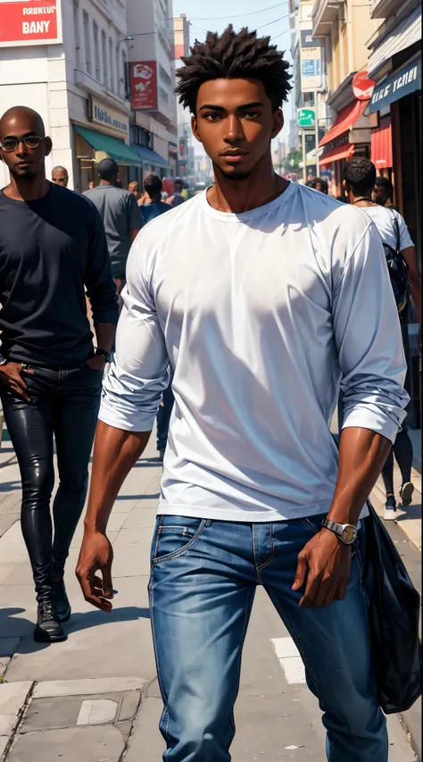 (best quality:1.1),original, 1man,  A handsome man with dark skin, African American man with natural hair, short hair, buzzcut, ebony nose, broad shoulders, tall, masculine, baggy urban clothes and demin jeans, cartoon，anime illustrations, style is abstrac...