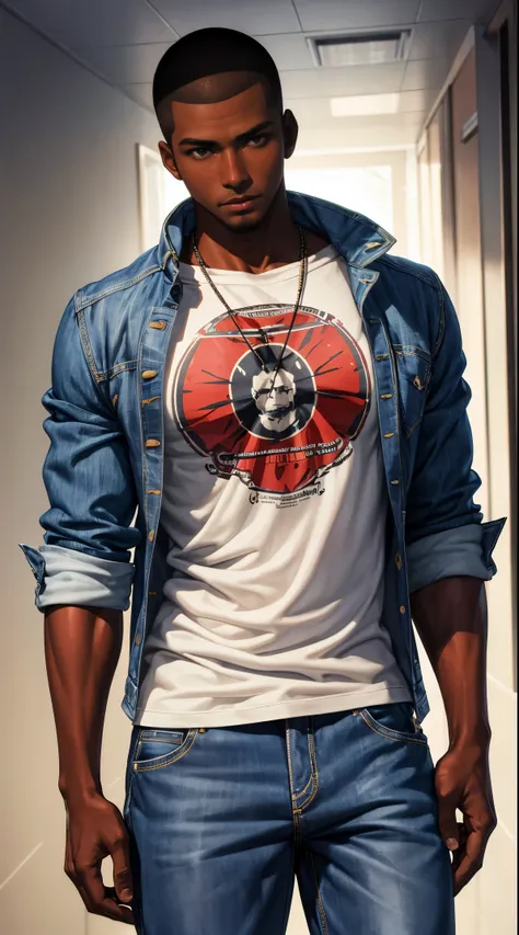 (best quality:1.1),original, 1man,  A handsome man with dark skin, African American man with natural hair, short hair, buzzcut, ebony nose, broad shoulders, tall, masculine, baggy urban clothes and demin jeans, cartoon，anime illustrations, style is abstrac...