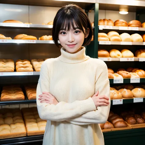 Best-quality, Masterpiece, Ultra-High-Resolution, (Photorealistic:1.4), Raw-Photo, 1girl, the most popular Japanese idol, (At the bakery, looking at many breads happily), detailed Various-types-of-breads, wearing Tight turtleneck sweater, extremely cute sm...