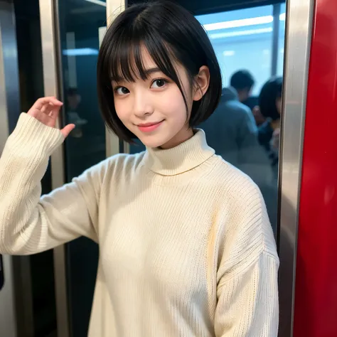 Best-quality, Masterpiece, Ultra-High-Resolution, (Photorealistic:1.4), Raw-Photo, 1girl, the most popular Japanese idol, standing in train, wearing Tight turtleneck sweater, extremely cute smile like the most famous Japanese idol, Perfect proportion, extr...