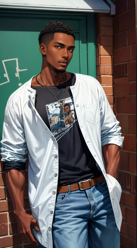 (best quality:1.1),original, 1man,  A handsome man with dark skin, African American man with natural hair, short hair, buzzcut, ebony nose, broad shoulders, tall, masculine, baggy urban clothes and demin jeans, cartoon，anime illustrations, style is abstrac...