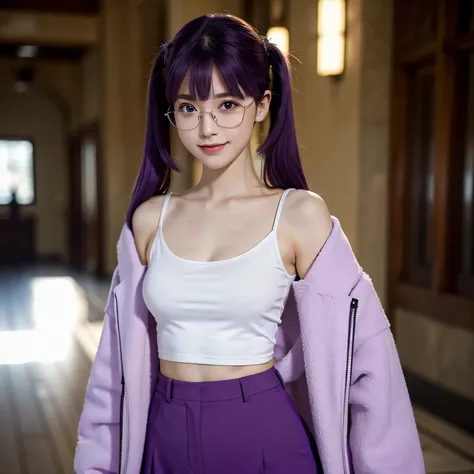  1 girl, alone, researcher, (Matching pants, slacks),  standing with documents in hand, medium hair, (purple hair,twin tails), (green eyes),wearing a white coat　white tank top　emphasize cleavage　wearing a miniskirt　thin legs　cold smile　wear glasses　whole b...