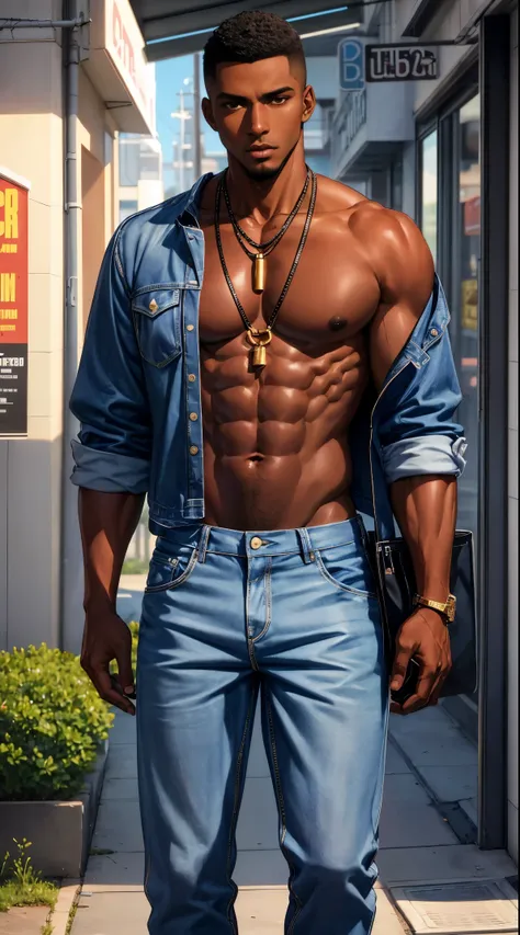 (best quality:1.1),original, 1man,  A handsome man with dark skin, African American man with natural hair, short hair, buzzcut, ebony nose, broad shoulders, tall, masculine, baggy urban clothes and demin jeans, cartoon，anime illustrations, style is abstrac...