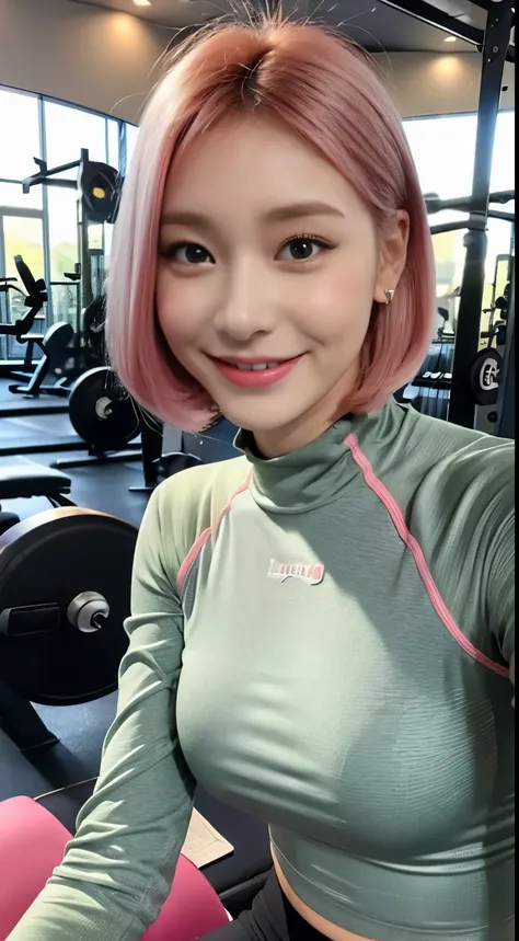 ((highest quality、8K、master pee:1.3、Being in the gym、Power Rack、Pink bob hair:2、Long Sleeve High Neck Yoga Wear,Power Rack、dumbbell、barbell))、1 girl、slim beauty:1.3、super detail face、delicate eyes、double eyelid、smiling face、Full body Esbian、tanned skin、20-...