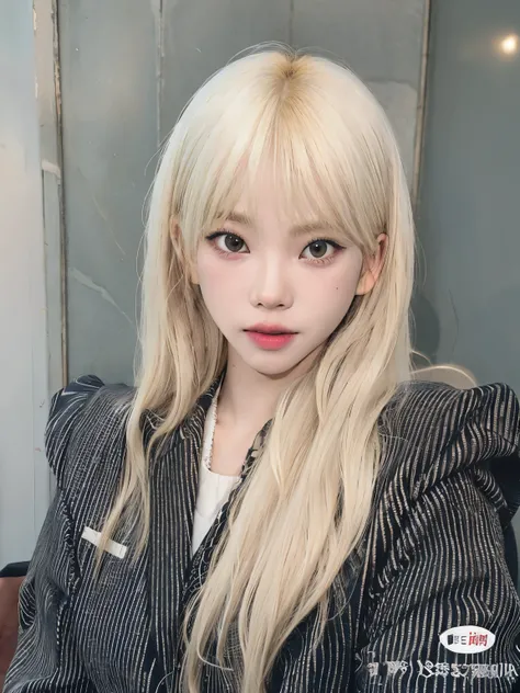 blond girl with long hair and bangs posing for a picture, portrait of jossi of blackpink, the hime cut, lalisa manobal, roseanne park of blackpink, lalisa manoban of blackpink, with full bangs, with bangs, long hair with full bangs, long white hair and ban...