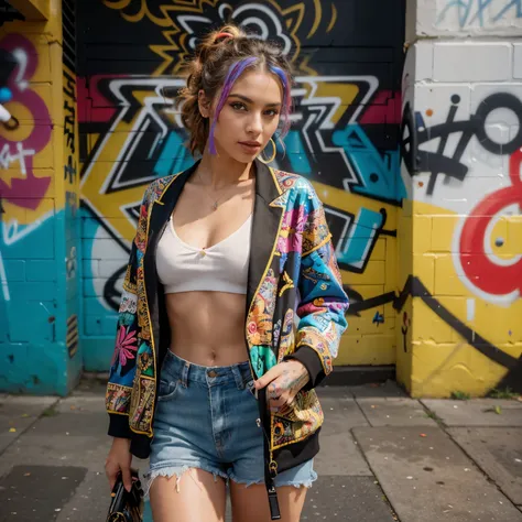 Create an extraordinary 8K masterpiece employing Stable Diffusion, showcasing a poised mode against a colorful graffiti-covered wall, wearing an eclectic mix of high-end and vintage clothing. Shot with a professional zoom lens, the image brings out the vib...