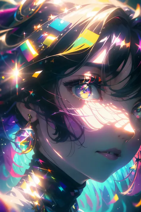 ((masterpiece,High resolution,8K quality,highest quality)),1 girl,((highly detailed face)),woman,delicate eyes,((purple eyes)),((hairstyle on:Circular cut,black haired,hair that shines in the light)),Lens flare,dramatic makeup,smile gracefully,natural comp...