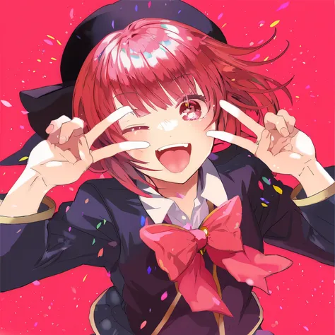 anime girl with red hair and black hat making a peace sign, anime visual of a cute girl, sayori, iwakura lain, portrait of magical girl, lolish, kinmoza!, (anime girl), with index finger, anime moe artstyle, close up iwakura lain, doki doki literature club...