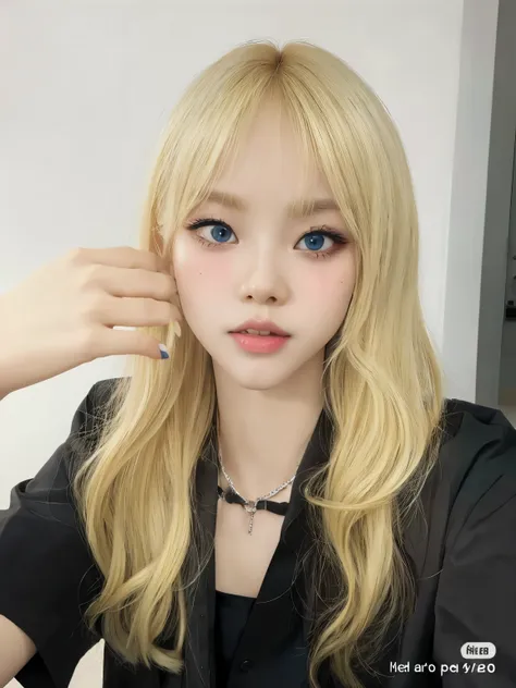 blond girl with blue eyes and long hair wearing a black shirt, lalisa manobal, ulzzang, lalisa manoban of blackpink, popular sou...