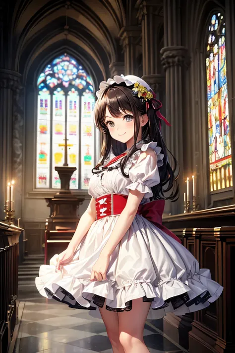 very cute and beautiful girl,(very detailed美しい顔と目:1.2),
smile,black hair,stylish pose,beautiful feet,cowboy shot,
Brown floral Lolita dress with detailed ruffles,
altar,church,indoors,
(highest quality,masterpiece:1.2),intricate details,very detailed,High ...