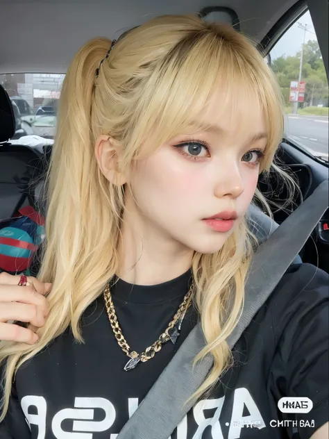 a close up of a person in a car with a chain around their neck, ulzzang, lalisa manobal, a girl with blonde hair, with bangs, with full bangs, long hair with bangs, lalisa manoban of blackpink, neat hair with bangs, white hime cut hairstyle, the hime cut, ...