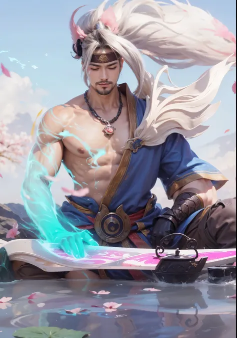 (Realistic), Texture, middle aged man, bronzed skin, Asian, A grown man holding a sword, beard, white shoulder armor, brown headband, White flowing hair, eyes closed tight, meditation, The skin is slightly dark, blue clothes, Hands glow, splash art, sakimi...