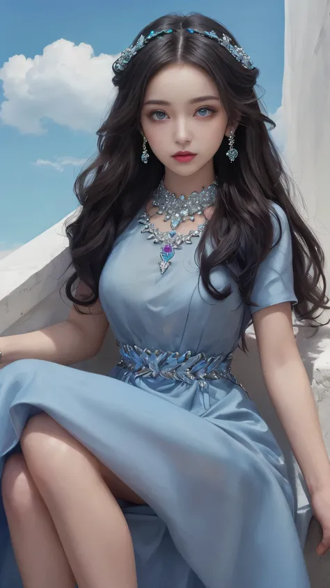 8K, Ultra HD, HD Color, ​masterpiece, 1 girl, Luminous Eyes, detailed lips, ultra long hair, (rob blue dress:1.5), (jewellery:1.5), Super artistic cloudy sky background, sun Shining, sitting,