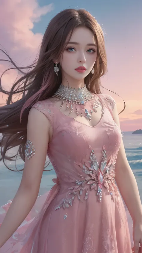 8K, Ultra HD, HD Color, ​masterpiece, 1 girl, Luminous Eyes, detailed lips, ultra long hair, (rob pink dress:1.5), (jewellery:1.5), Super artistic cloudy sky background, sun Shining,