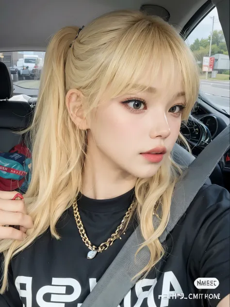 a close up of a person in a car with a chain around their neck, ulzzang, lalisa manobal, a girl with blonde hair, with bangs, with full bangs, long hair with bangs, lalisa manoban of blackpink, neat hair with bangs, the hime cut, white hime cut hairstyle, ...