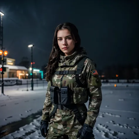 A beautiful brunette soldier girl, wearing winter camo military gear, camo plate carrier rig, combat gloves, AR-15, during a snow storm,, beautiful, moody lighting, best quality, full body portrait, real picture, intricate details, depth of field, in a col...