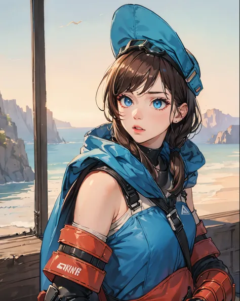 masterpiece,  best quality, , (solo), 1girl, look up, dim light, , Horizon_(apex legends), goggles, blue eyes, brown hair, gauntlets, shoulder armor,  headwear, (freckles:0.5), 