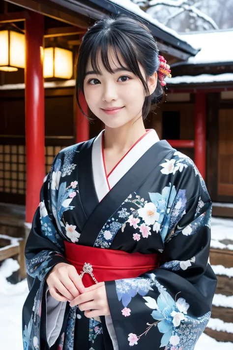 Best-quality, Masterpiece, Ultra-High-Resolution, (Photorealistic:1.4), Raw-Photo, at Japanese-traditional-inn in heavy-snowy-mountain, 1girl, the most popular Japanese idol, wearing only beautiful-Japanese-KIMONO, looking at viewer, grinning, Perfect prop...