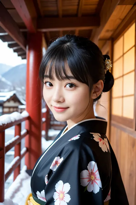 Best-quality, Masterpiece, Ultra-High-Resolution, (Photorealistic:1.4), Raw-Photo, at Japanese-traditional-inn in heavy-snowy-mountain, 1girl, the most popular Japanese idol, wearing only beautiful-Japanese-KIMONO, looking at viewer, grinning, Perfect prop...