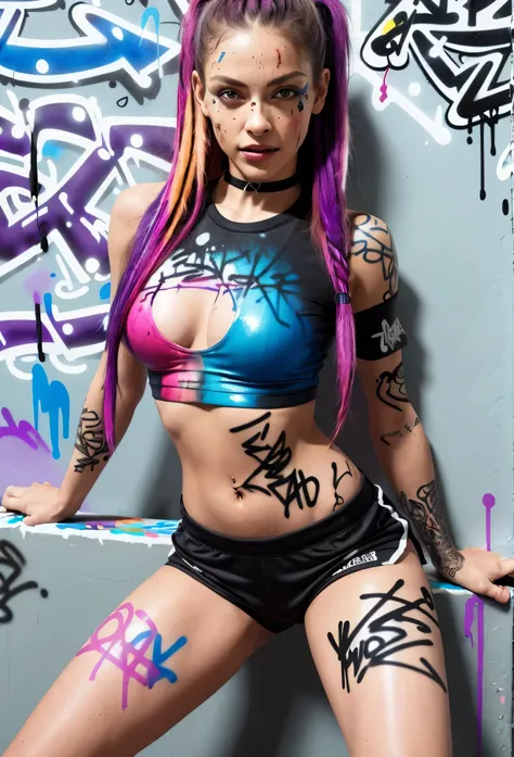 photorealistic,absurdres, skater girl model, best quality,1girl, solo, streaked hair, intricate latex crop top, tight sportswear shorts, choker, (graffiti:1.25),  paint splatter, arms behind back, (slouching), leaning back, against wall, looking at viewer,...